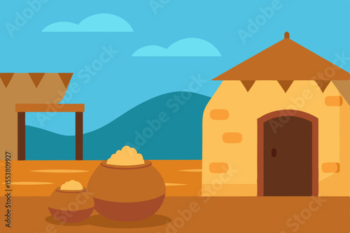 A charming cartoon house with a red door and a large window sits atop a summer desert hill, an iconic illustration of a peaceful home in a vast landscape under a clear sky