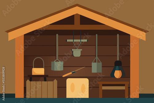 Vector illustration of a kitchen interior design with wooden furniture, including a table, chairs, and cabinets