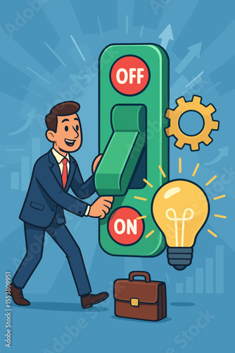 Businessman activating business potential by flipping a giant switch to the ON position. Metaphor for starting a project, launching an idea, or finding a creative solution.