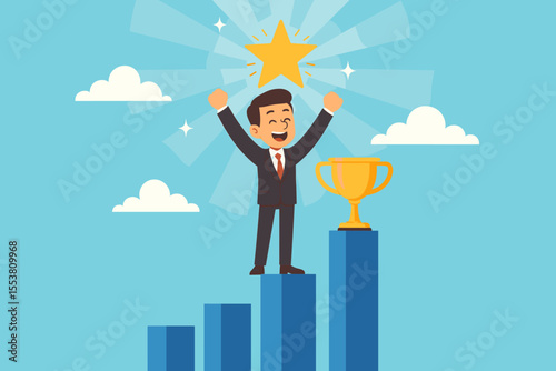Business success and achievement concept. Happy cartoon businessman celebrating on a bar chart podium with a golden trophy. Career growth, leadership, and winning goal. Vector.