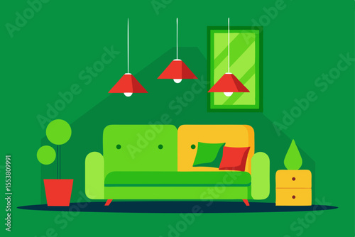 Cozy living room interior with a fireplace, sofa, and green decorations, perfect for a festive home design