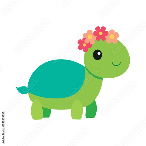 Turtle wearing flower crown crawling peacefully Vector illustration