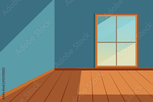 Empty room interior with wooden parquet floor and blank wall, featuring a window and door, ready for new design in a modern house