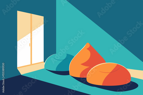 Vector illustration of an old orange house interior with a candle and glass, showcasing room design through an open door and window