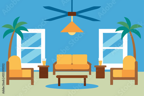 A vibrant summer sky overlooks a tropical beach paradise with a beach chair and umbrella nestled in the golden sand beside the clear ocean water and swaying palm trees