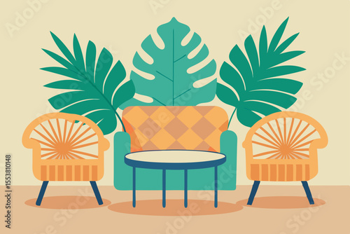 Tropical beach paradise with an illustration of a chair and table under a palm tree, perfect for a summer holiday
