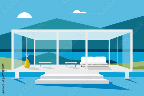 A luxurious resort swimming pool offers a relaxing summer vacation with a stunning view of the sky