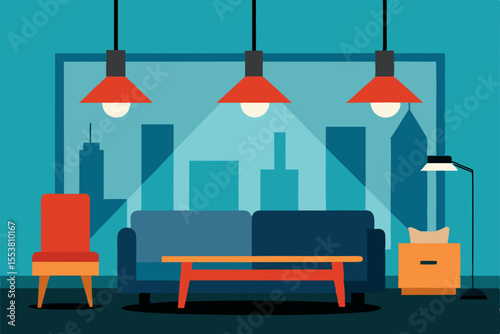 Modern living room interior vector illustration with comfortable furniture design