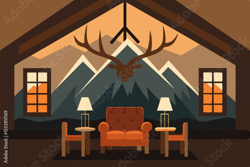 Cartoon vector illustration of a house with a lit fireplace, featuring a window and door design