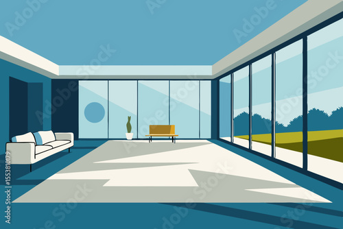 Modern open-plan office interior with a view of an empty, well-lit space featuring new architecture and clean design, ideal for a contemporary home or apartment
