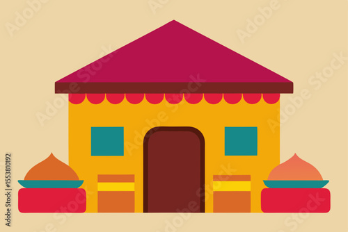 Architectural house vector icon with a wooden roof, window, and door