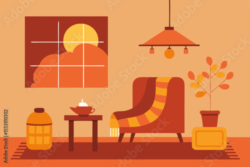 Vector illustration of a cafe interior with furniture, including chairs, tables, and sofas, perfect for a cozy room design