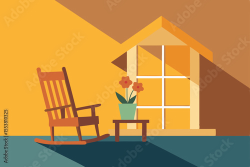 Vector illustration of a comfortable home interior with wooden dining room furniture, including a table and chairs, decorated with warm light by a window