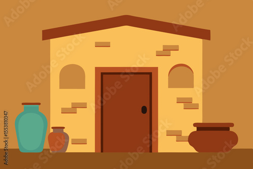 Illustration of a home interior with a door, window, glass jar, and furniture