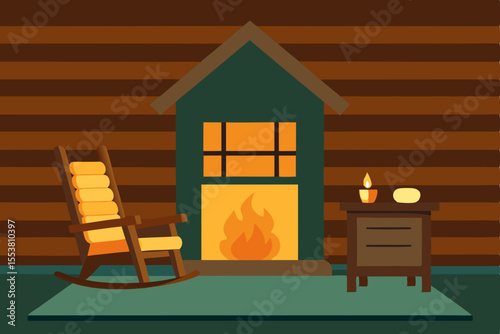 A warm, inviting wooden living room interior with a cozy fireplace, a comfortable chair, and a view through a window, all rendered as a clean, empty vector illustration