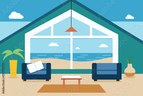 Vector illustration of a luxurious tropical beach house interior design with a sofa, table, and large window