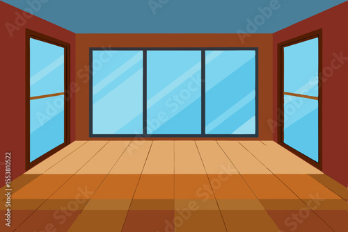 A contemporary, empty room with a large window offering a view of the blue sky, featuring a light parquet floor and clean white walls, creating an open indoor space