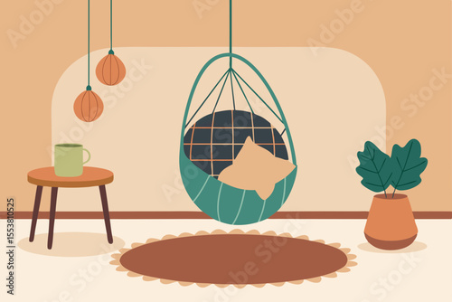 Interior design scene with a fun vector illustration of a vase with flowers, chair, and table, reflecting a playful sport-themed aesthetic