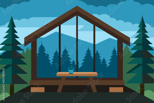 A luxurious wooden cabin nestled in the mountains, featuring large windows and a welcoming door, offers a stunning view for a summer vacation