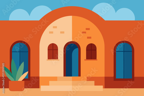 Old stone church with arched stained glass windows in an ancient Italian facade