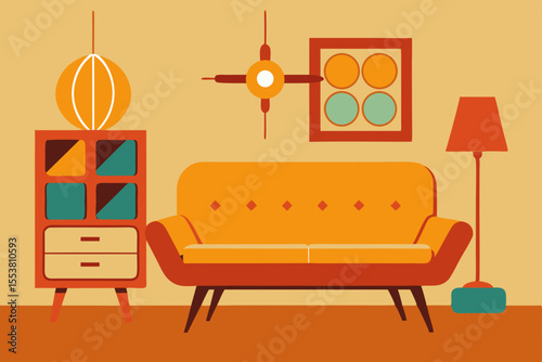 Modern living room interior with a sofa, wooden furniture, and home decor