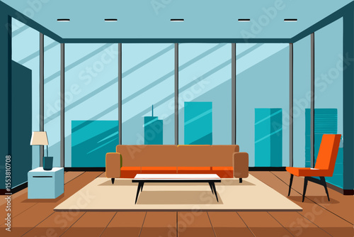 Modern contemporary living room design with comfortable sofa, floor-to-ceiling window, and stylish furniture in a luxury apartment