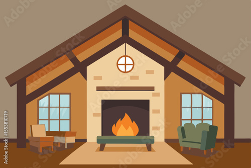 Luxury fireplace in a cozy home interior with warm fire, modern design, and a large window