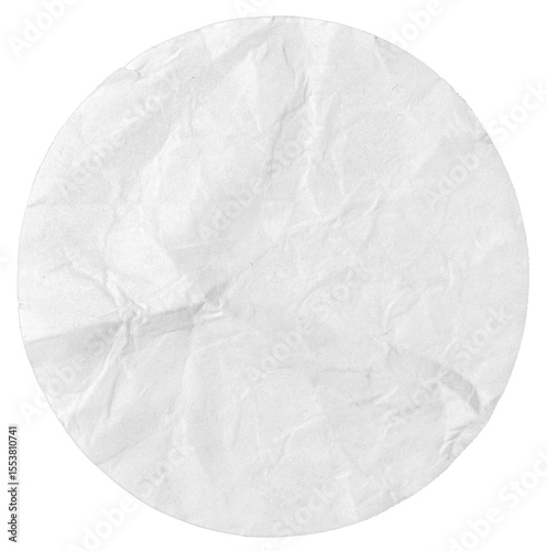 Blank white circle shape label isolated on white background. Crumpled paper piece. Template mockup
