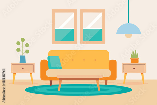 Mid-Century Modern Living Room Interior Design Cozy Sofa, Plants, and Stylish Decor