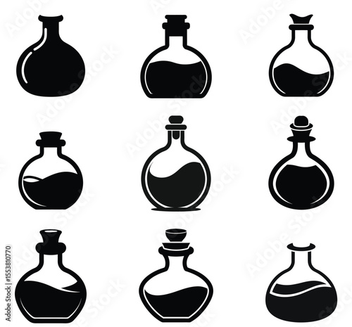 Set of Nine Black and White Bottles