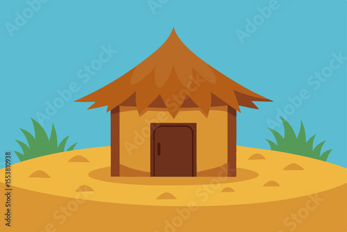 Desert Hut Illustration Simple Thatch Roof House in Sandy Landscape