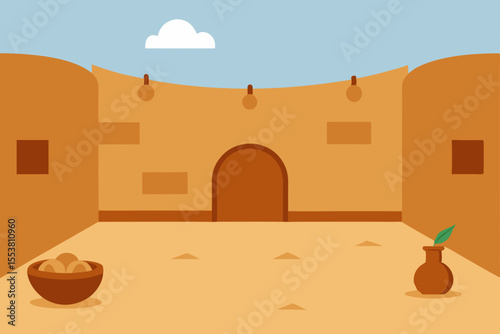 Desert Courtyard A Simple Flat Illustration of an Oasis