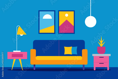 Modern Living Room Interior Design Vibrant Colors and Geometric Shapes
