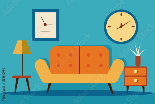 Mid-Century Modern Living Room Interior Design Stylish Sofa, Clock, and Decor