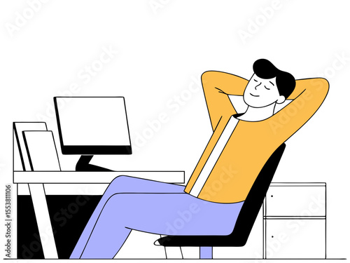 Man Sitting at Desk Taking a Break Illustration
