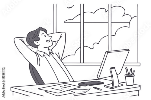 Man Relaxing at Desk Line Art Illustration