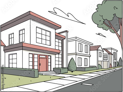 Modern Street with Various Houses Front View