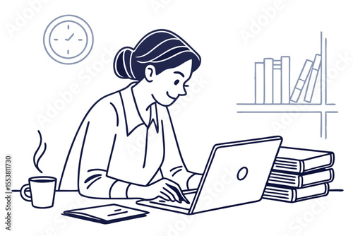 Female Working Remotely Laptop Minimalist Illustration