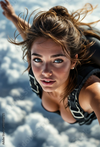 Beautiful brunette skydiver. JPEG, 3.9MB, 11.557x16.89in, 3467x5067px, 300p/i