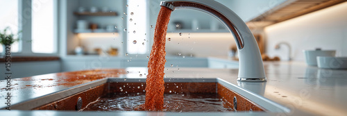 rusty water flows from the tap in the kitchen