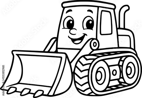 Cute cartoon black and white coloring page of a friendly bulldozer.