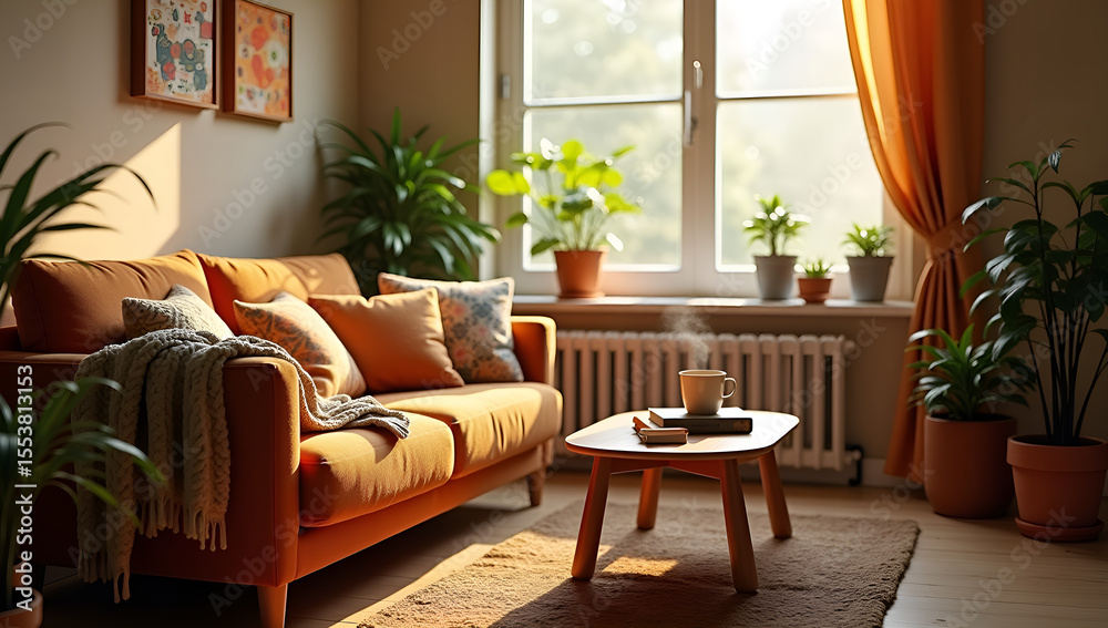 Fototapeta premium Plush Sofa and Vibrant Cushions Aplenty