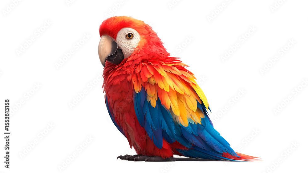 Fototapeta premium Colorful kachanov cartoon macaw parrot with vibrant red, blue, and yellow feathers perched gracefully in a minimalist setting