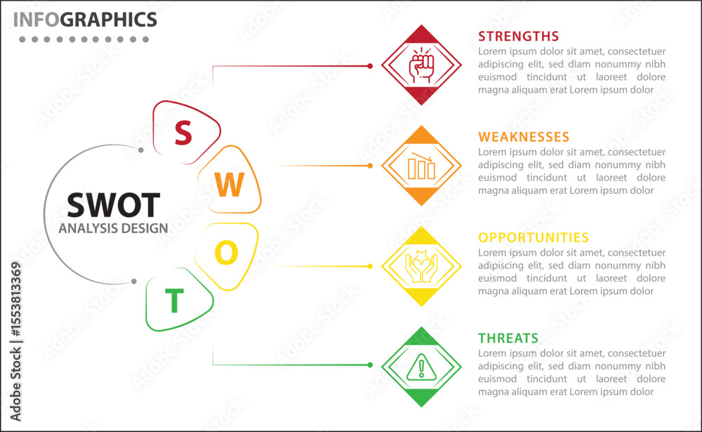 Fototapeta premium SWOT analysis infographic. Vector illustration for strategic business planning. Comparison chart. Advantages and Disadvantages of company. Infographic design template. Vector illustration. SWOT chart