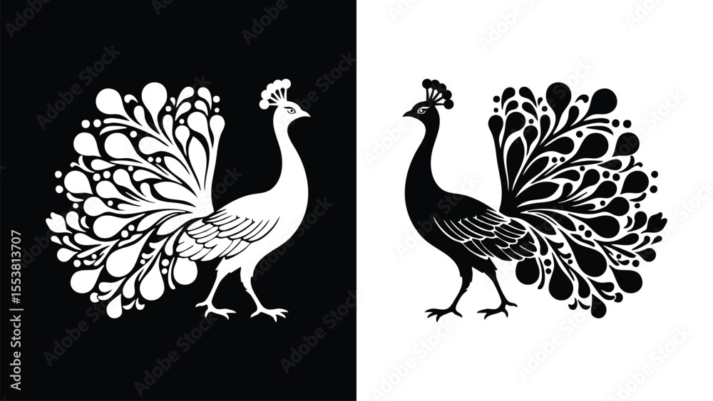 Fototapeta premium Black And White Peacock Silhouettes Elegant Bird Graphic Illustration Ornate Tail Design Artistic Decorative Elements Vector Art