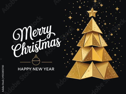 Luxurious Black and Gold Christmas Card – Modern Geometric Origami Tree with Cursive “Merry Christmas” Text and Festive Stars, Perfect for Elegant Holiday and New Year Greetings

