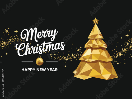 Luxurious Black and Gold Christmas Card – Modern Geometric Origami Tree with Cursive “Merry Christmas” Text and Festive Stars, Perfect for Elegant Holiday and New Year Greetings

