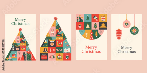 Set of Four Minimalist Christmas Cards – Colorful Geometric Trees, Wreath, and Hanging Ornaments with Modern “Merry Christmas” Text on Light Pink Background