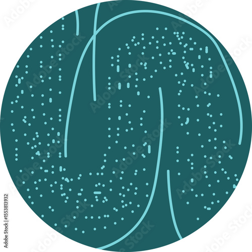 Round graphic composed of freely drawn lines and scattered dots creating visual variation.