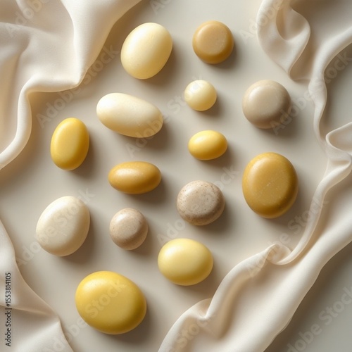 The image features a flatlay of yellow and beige soap stones on a neutral background.
